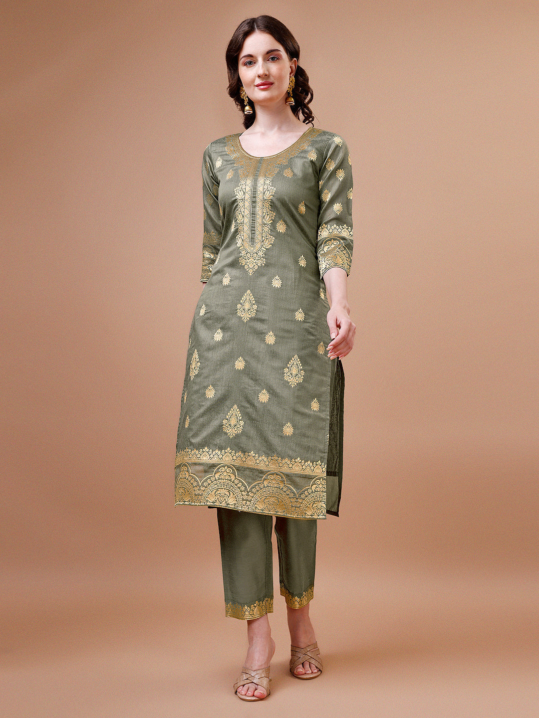 Pure Banarasi Chanderi Jacquard Kurta With Pant & Dupatta Set, Multicolor - Hiral Fashion | Grocsy
