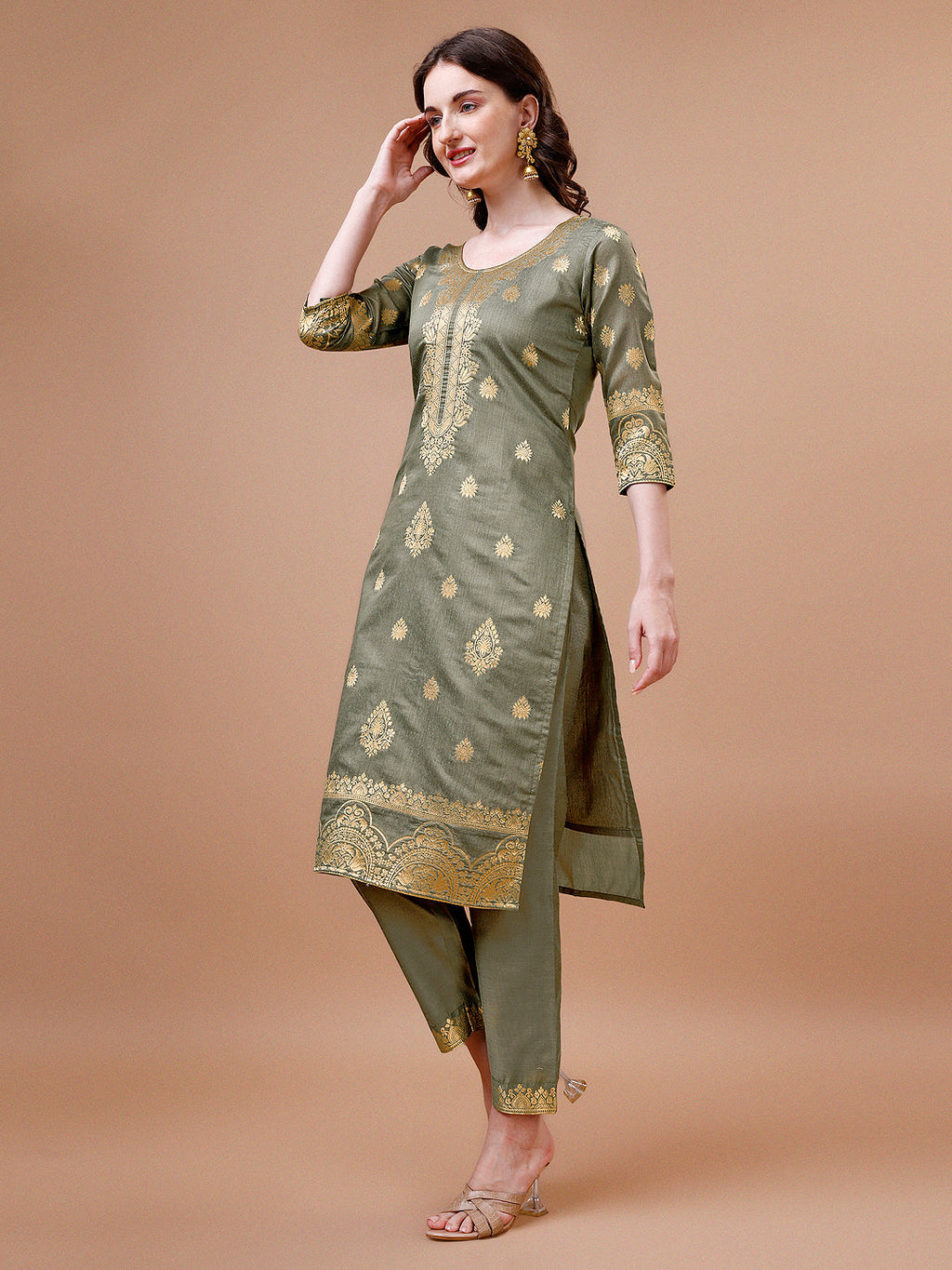 Pure Banarasi Chanderi Jacquard Kurta With Pant & Dupatta Set, Multicolor - Hiral Fashion | Grocsy