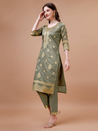 Pure Banarasi Chanderi Jacquard Kurta With Pant & Dupatta Set, Multicolor - Hiral Fashion | Grocsy