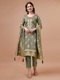 Pure Banarasi Chanderi Jacquard Kurta With Pant & Dupatta Set, Multicolor - Hiral Fashion | Grocsy