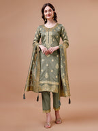 Pure Banarasi Chanderi Jacquard Kurta With Pant & Dupatta Set, Multicolor - Hiral Fashion | Grocsy