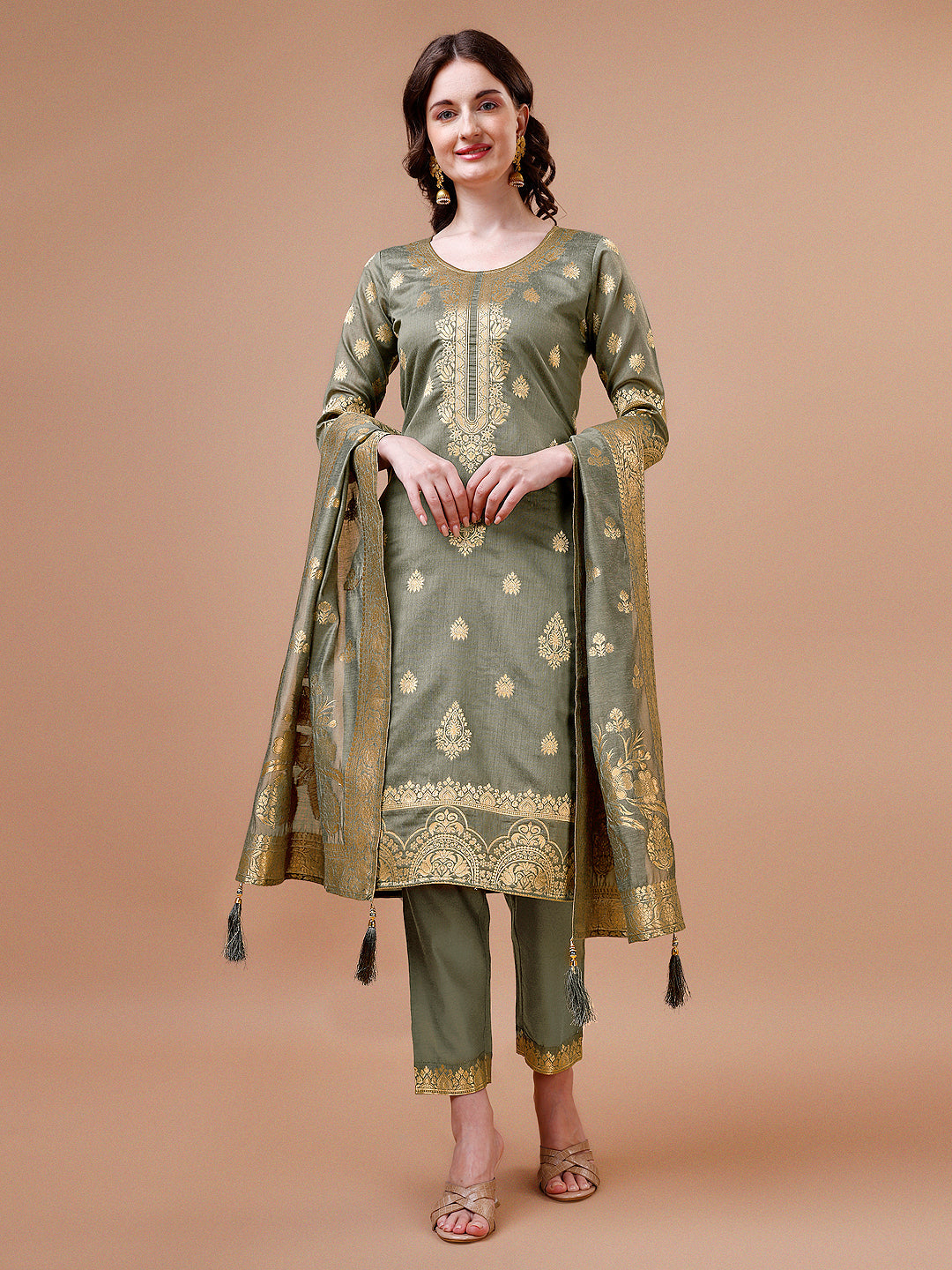 Pure Banarasi Chanderi Jacquard Kurta With Pant & Dupatta Set, Multicolor - Hiral Fashion | Grocsy