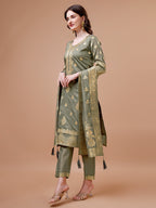 Pure Banarasi Chanderi Jacquard Kurta With Pant & Dupatta Set, Multicolor - Hiral Fashion | Grocsy