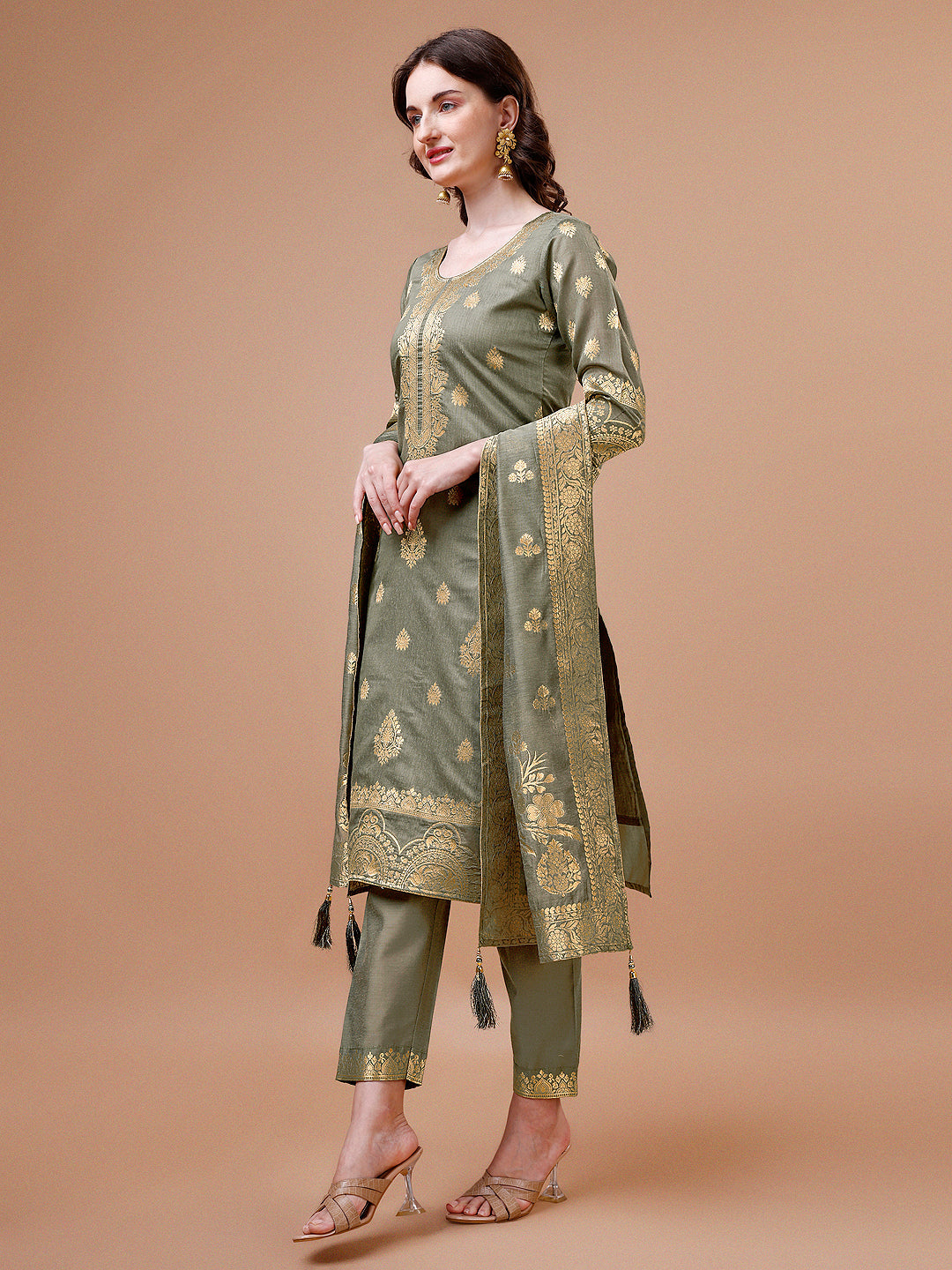 Pure Banarasi Chanderi Jacquard Kurta With Pant & Dupatta Set, Multicolor - Hiral Fashion | Grocsy