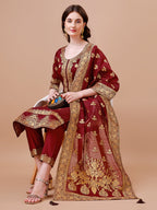 Pure Banarasi Chanderi Jacquard Kurta With Pant & Dupatta Set, Multicolor - Hiral Fashion | Grocsy