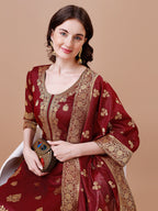 Pure Banarasi Chanderi Jacquard Kurta With Pant & Dupatta Set, Multicolor - Hiral Fashion | Grocsy