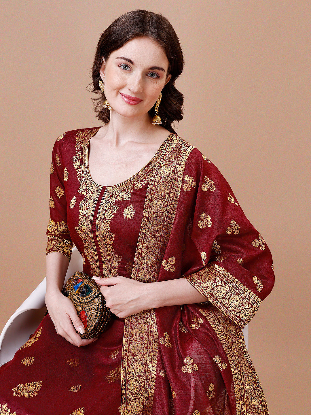 Pure Banarasi Chanderi Jacquard Kurta With Pant & Dupatta Set, Multicolor - Hiral Fashion | Grocsy
