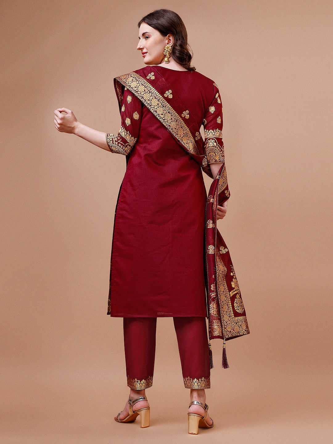 Pure Banarasi Chanderi Jacquard Kurta With Pant & Dupatta Set, Multicolor - Hiral Fashion | Grocsy