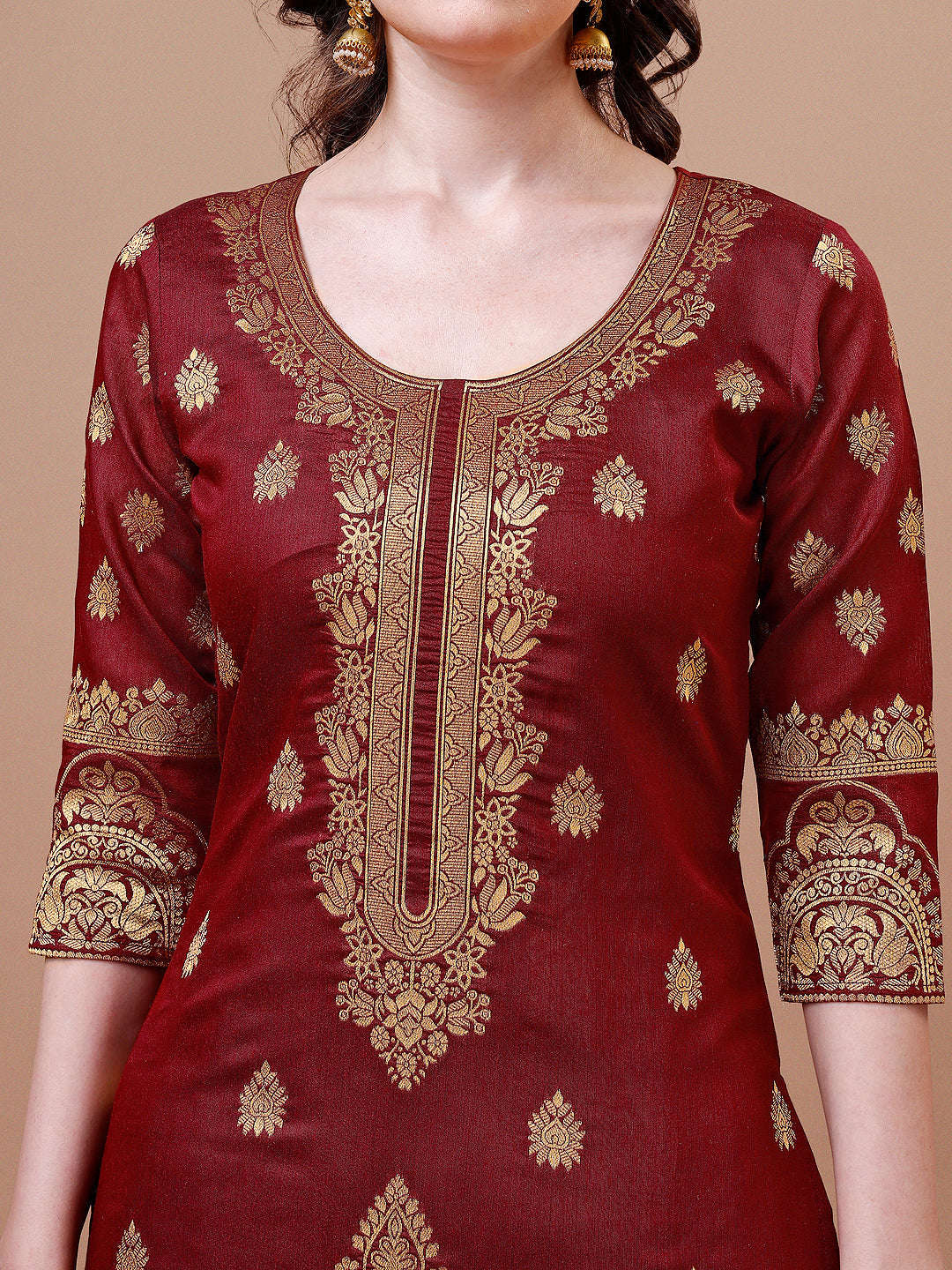 Pure Banarasi Chanderi Jacquard Kurta With Pant & Dupatta Set, Multicolor - Hiral Fashion | Grocsy