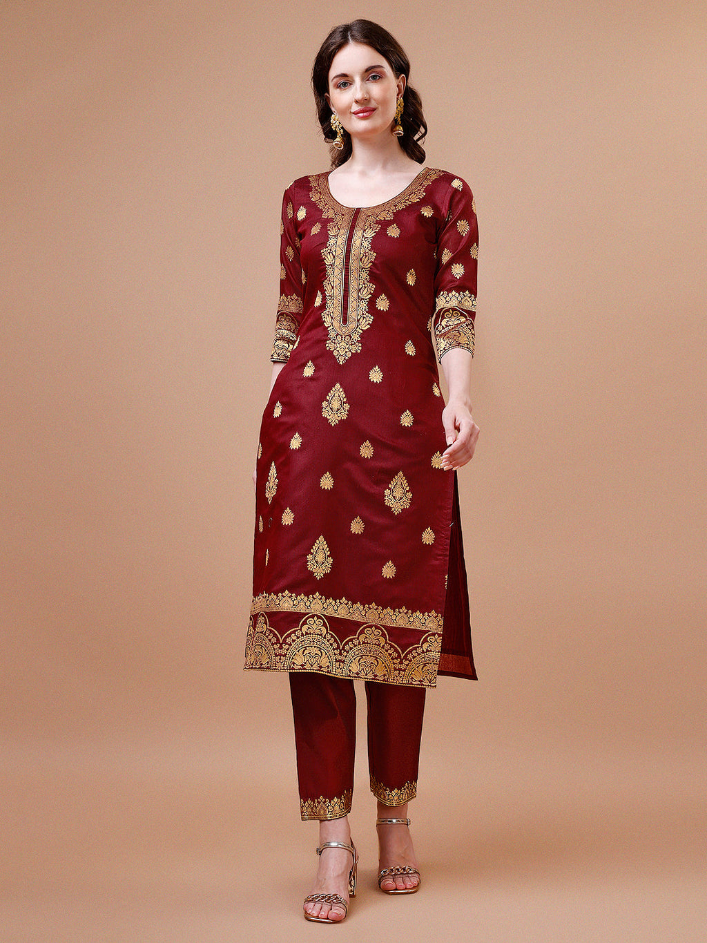 Pure Banarasi Chanderi Jacquard Kurta With Pant & Dupatta Set, Multicolor - Hiral Fashion | Grocsy