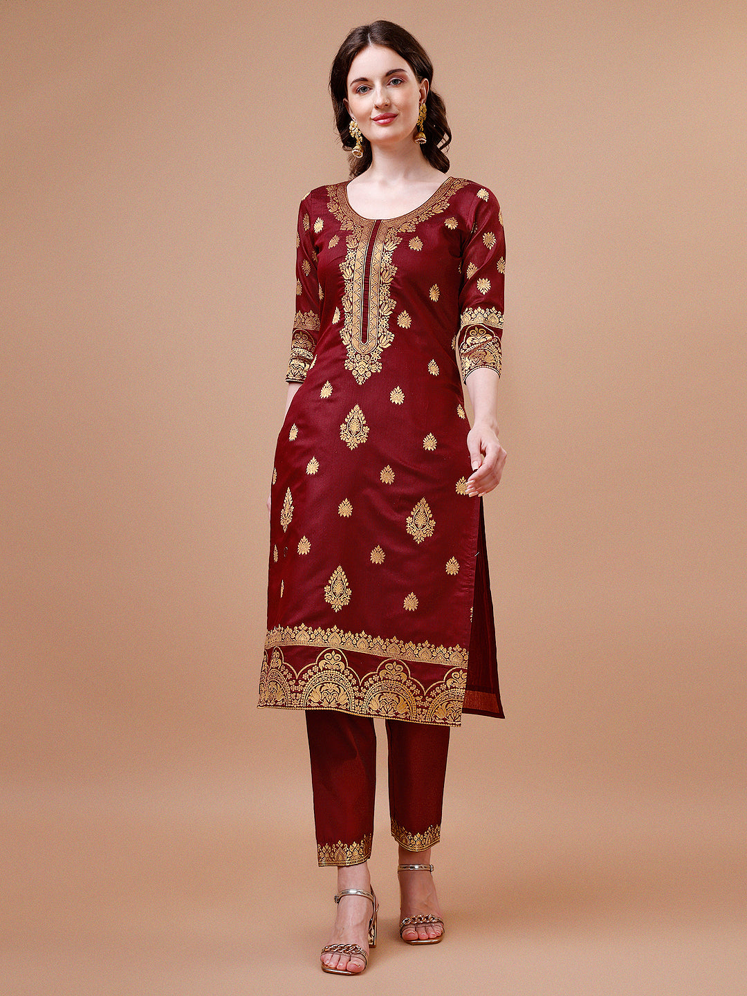 Pure Banarasi Chanderi Jacquard Kurta With Pant & Dupatta Set, Multicolor - Hiral Fashion | Grocsy