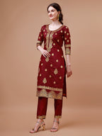 Pure Banarasi Chanderi Jacquard Kurta With Pant & Dupatta Set, Multicolor - Hiral Fashion | Grocsy