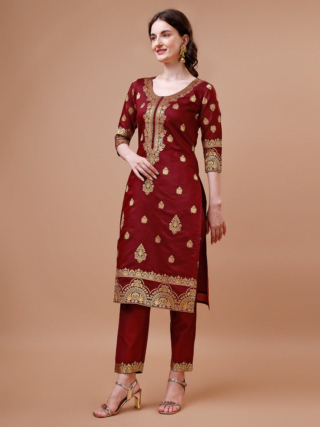 Pure Banarasi Chanderi Jacquard Kurta With Pant & Dupatta Set, Multicolor - Hiral Fashion | Grocsy