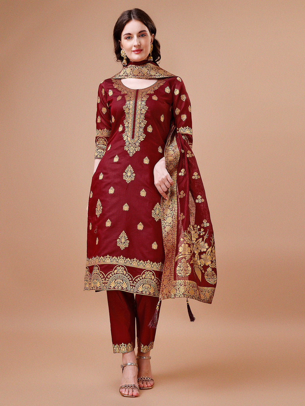 Pure Banarasi Chanderi Jacquard Kurta With Pant & Dupatta Set, Multicolor - Hiral Fashion | Grocsy
