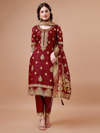 Pure Banarasi Chanderi Jacquard Kurta With Pant & Dupatta Set, Multicolor - Hiral Fashion | Grocsy