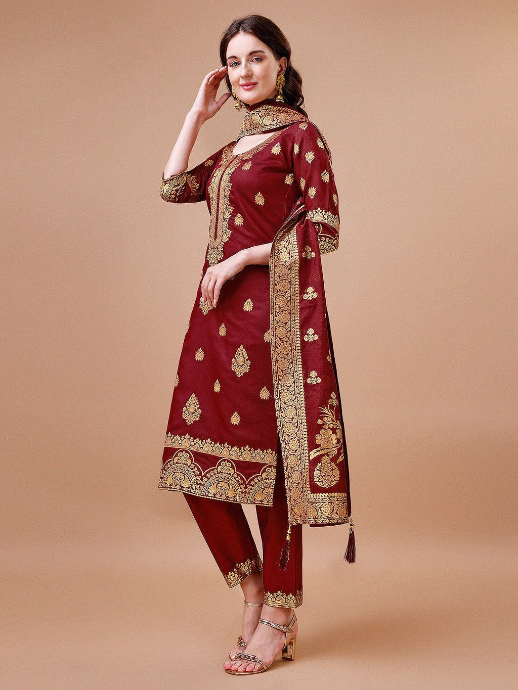 Pure Banarasi Chanderi Jacquard Kurta With Pant & Dupatta Set, Multicolor - Hiral Fashion | Grocsy