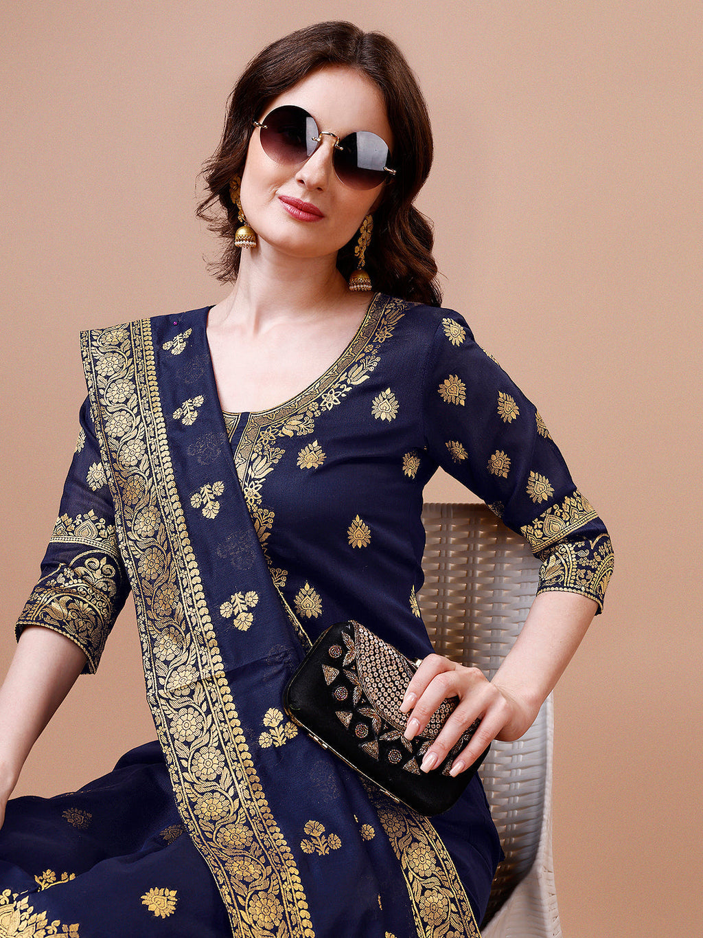 Pure Banarasi Chanderi Jacquard Kurta With Pant & Dupatta Set, Multicolor - Hiral Fashion | Grocsy