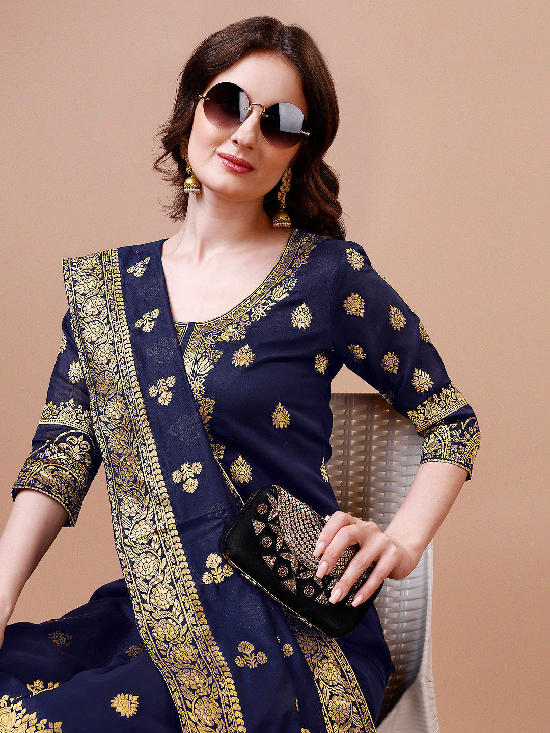 Pure Banarasi Chanderi Jacquard Kurta With Pant & Dupatta Set, Multicolor - Hiral Fashion | Grocsy