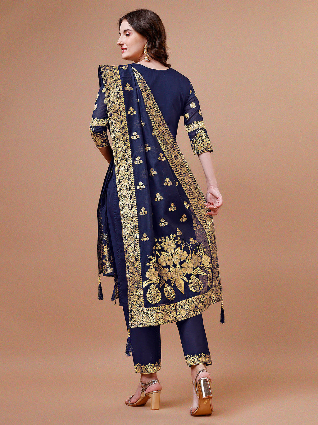 Pure Banarasi Chanderi Jacquard Kurta With Pant & Dupatta Set, Multicolor - Hiral Fashion | Grocsy