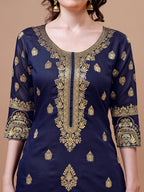Pure Banarasi Chanderi Jacquard Kurta With Pant & Dupatta Set, Multicolor - Hiral Fashion | Grocsy