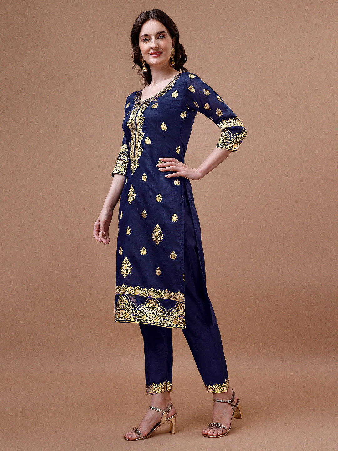 Pure Banarasi Chanderi Jacquard Kurta With Pant & Dupatta Set, Multicolor - Hiral Fashion | Grocsy