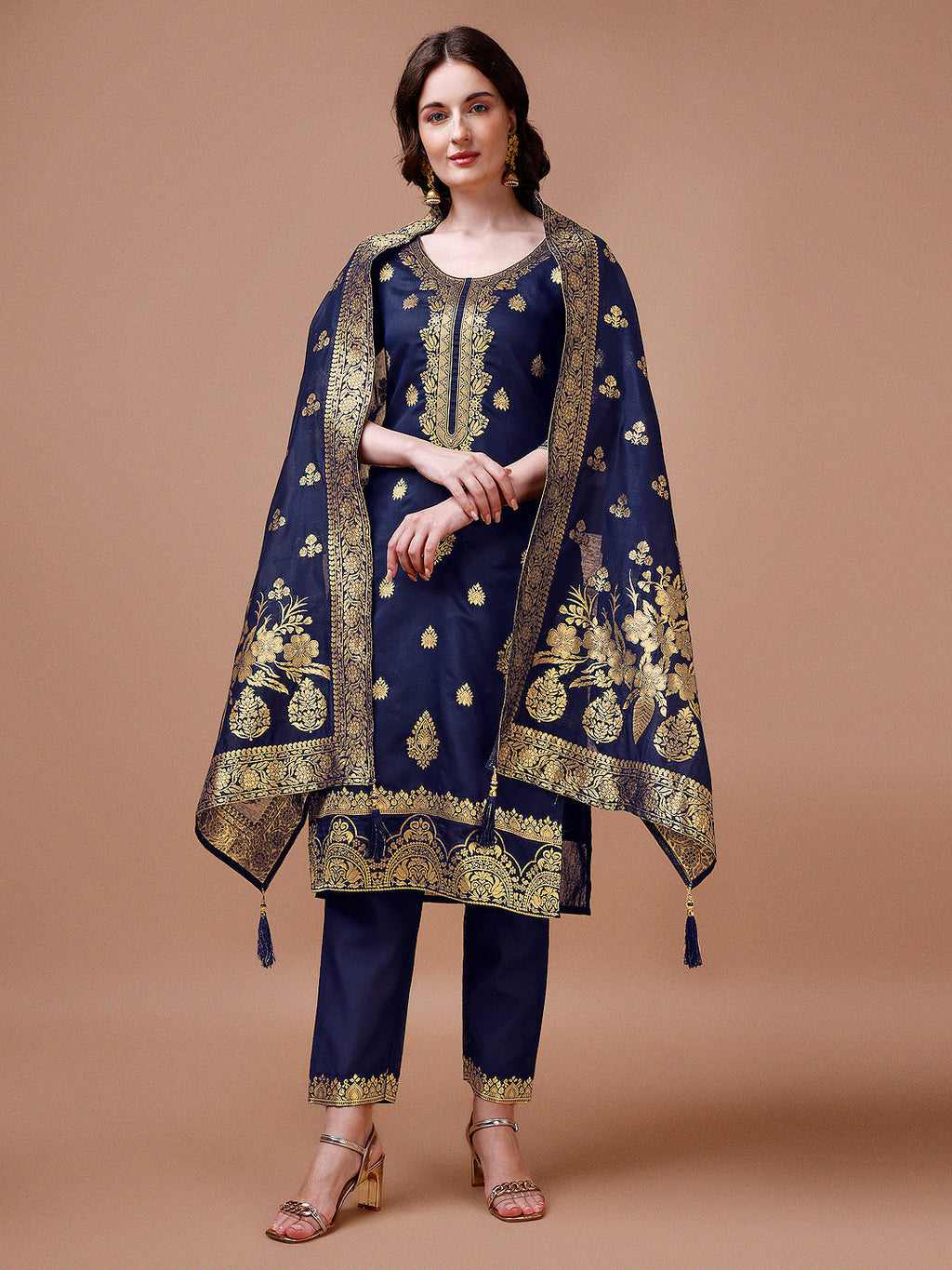 Pure Banarasi Chanderi Jacquard Kurta With Pant & Dupatta Set, Multicolor - Hiral Fashion | Grocsy