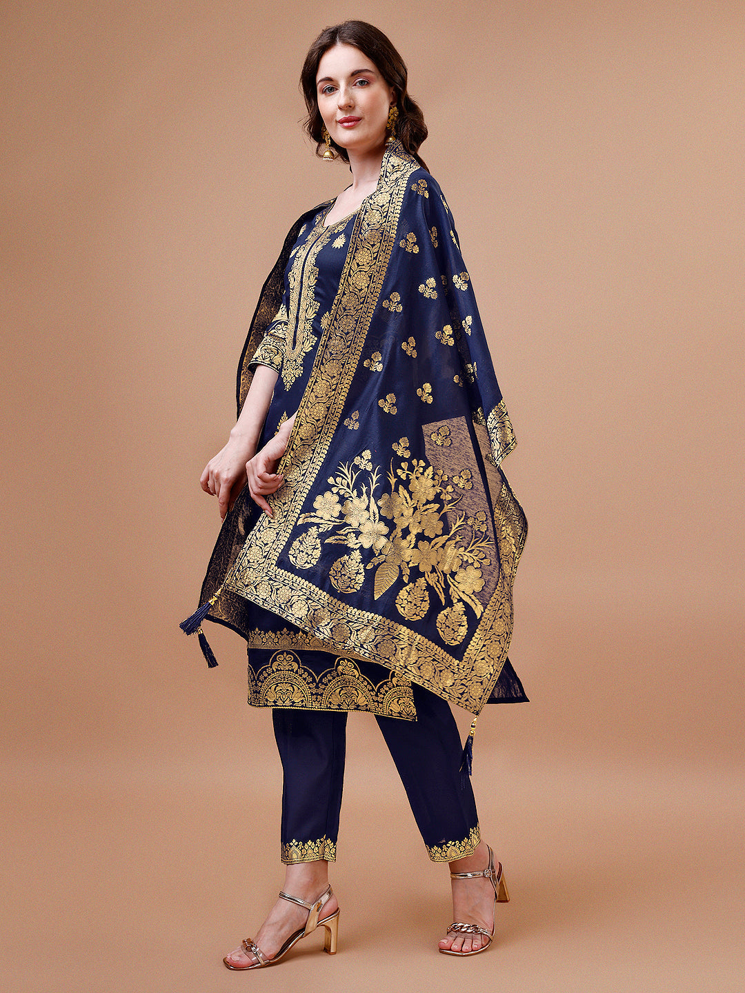 Pure Banarasi Chanderi Jacquard Kurta With Pant & Dupatta Set, Multicolor - Hiral Fashion | Grocsy