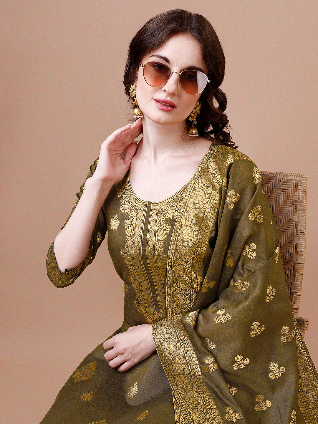 Pure Banarasi Chanderi Jacquard Kurta With Pant & Dupatta Set, Multicolor - Hiral Fashion | Grocsy