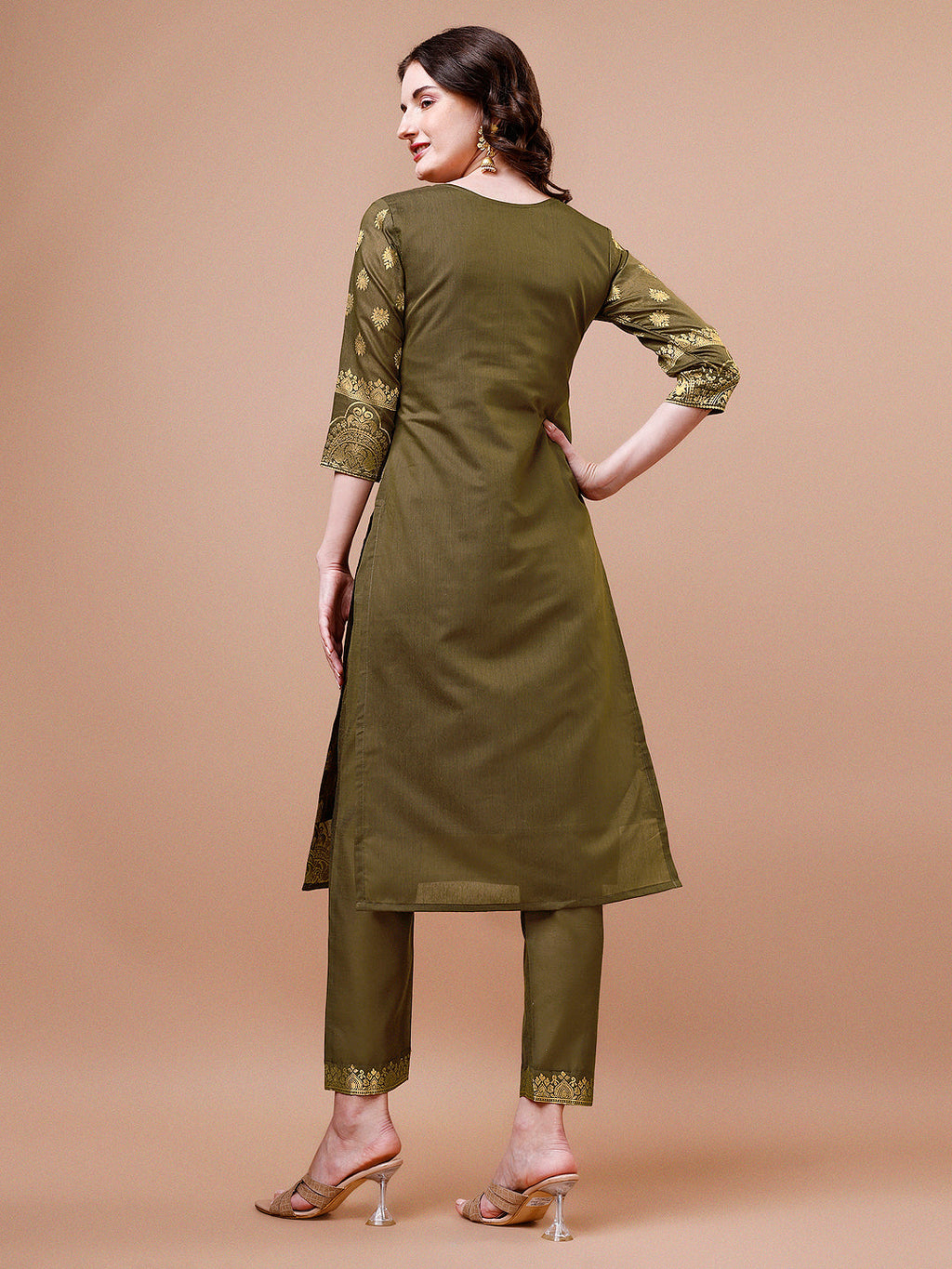Pure Banarasi Chanderi Jacquard Kurta With Pant & Dupatta Set, Multicolor - Hiral Fashion | Grocsy