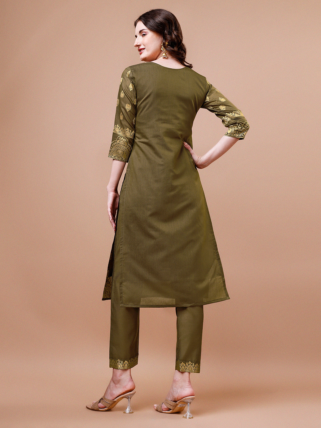 Pure Banarasi Chanderi Jacquard Kurta With Pant & Dupatta Set, Multicolor - Hiral Fashion | Grocsy