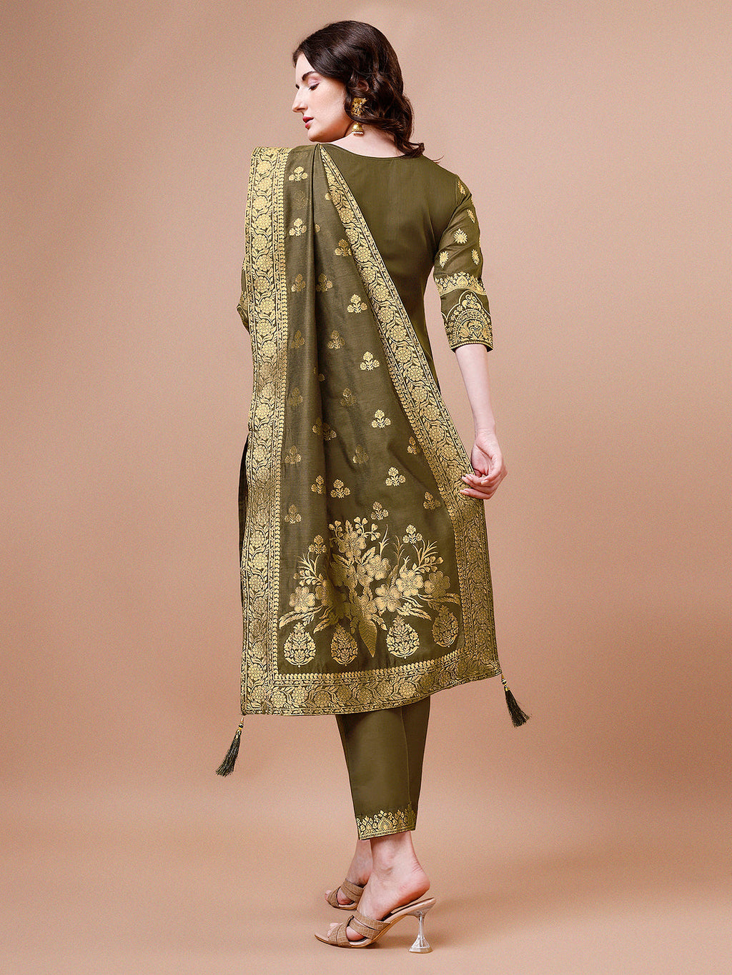 Pure Banarasi Chanderi Jacquard Kurta With Pant & Dupatta Set, Multicolor - Hiral Fashion | Grocsy