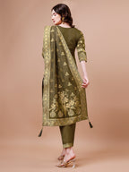 Pure Banarasi Chanderi Jacquard Kurta With Pant & Dupatta Set, Multicolor - Hiral Fashion | Grocsy