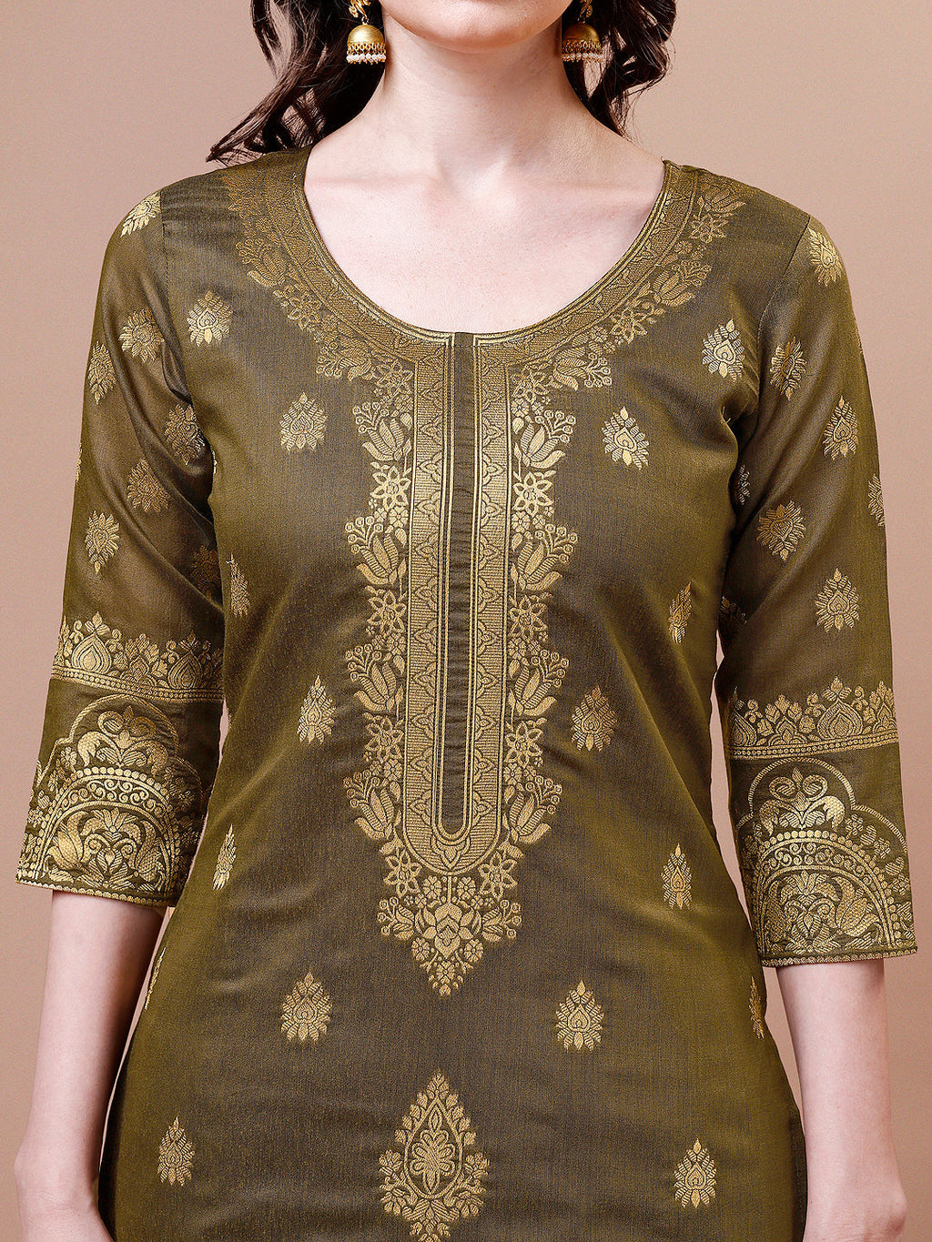 Pure Banarasi Chanderi Jacquard Kurta With Pant & Dupatta Set, Multicolor - Hiral Fashion | Grocsy