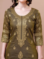 Pure Banarasi Chanderi Jacquard Kurta With Pant & Dupatta Set, Multicolor - Hiral Fashion | Grocsy