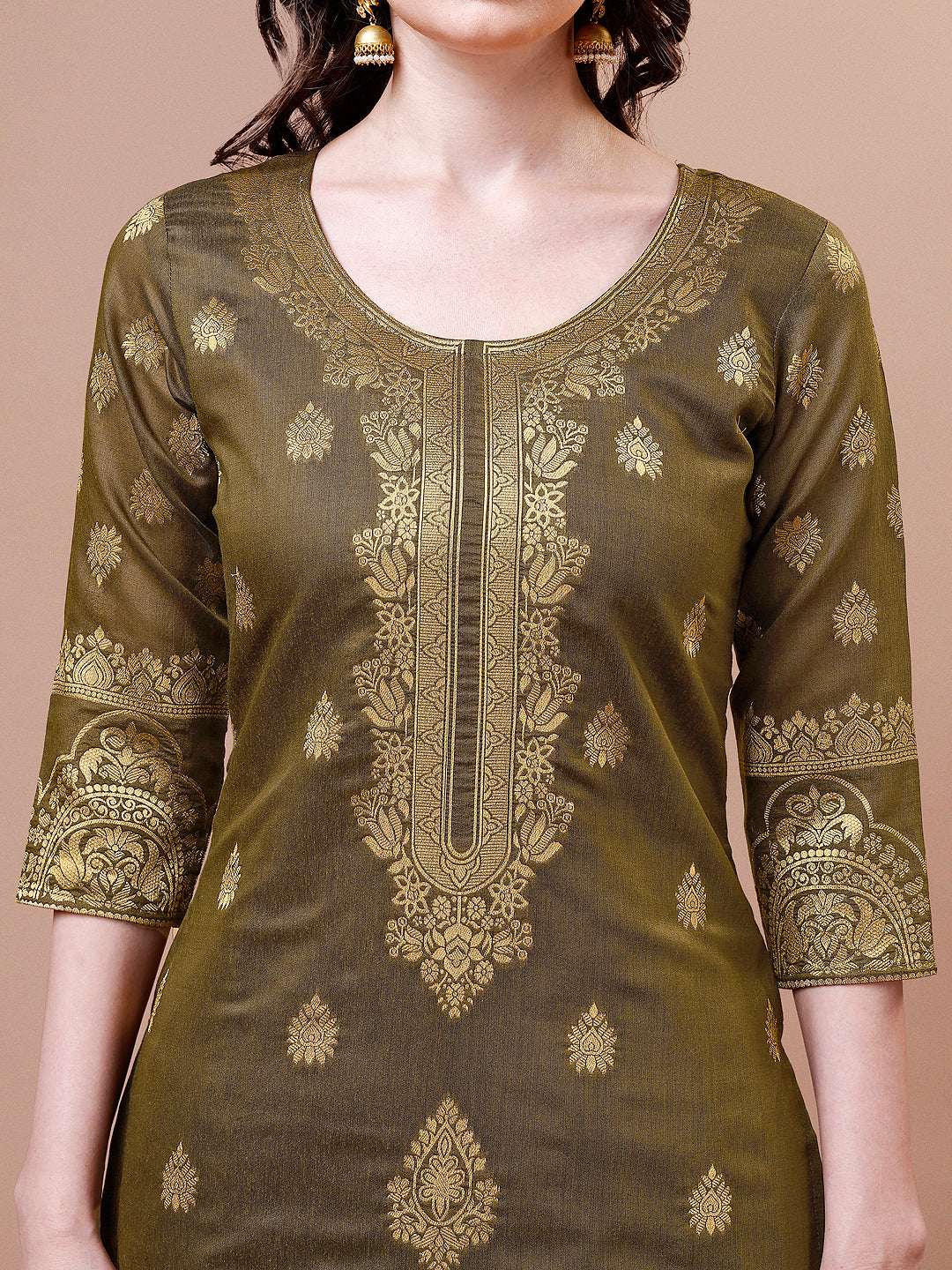 Pure Banarasi Chanderi Jacquard Kurta With Pant & Dupatta Set, Multicolor - Hiral Fashion | Grocsy