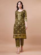 Pure Banarasi Chanderi Jacquard Kurta With Pant & Dupatta Set, Multicolor - Hiral Fashion | Grocsy