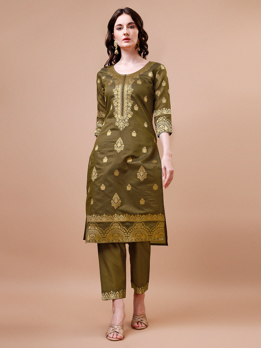 Pure Banarasi Chanderi Jacquard Kurta With Pant & Dupatta Set, Multicolor - Hiral Fashion | Grocsy