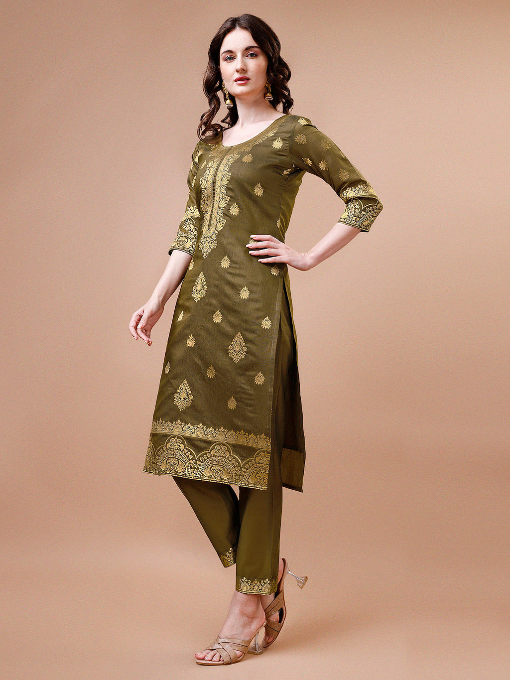 Pure Banarasi Chanderi Jacquard Kurta With Pant & Dupatta Set, Multicolor - Hiral Fashion | Grocsy