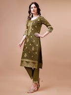 Pure Banarasi Chanderi Jacquard Kurta With Pant & Dupatta Set, Multicolor - Hiral Fashion | Grocsy