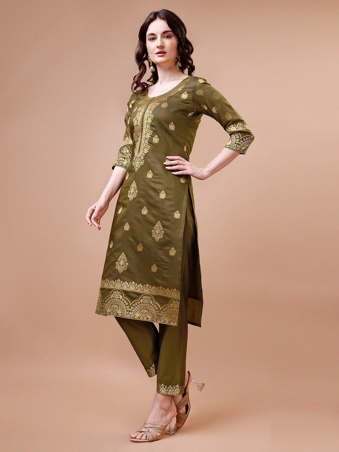 Pure Banarasi Chanderi Jacquard Kurta With Pant & Dupatta Set, Multicolor - Hiral Fashion | Grocsy