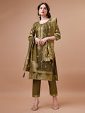 Pure Banarasi Chanderi Jacquard Kurta With Pant & Dupatta Set, Multicolor - Hiral Fashion | Grocsy