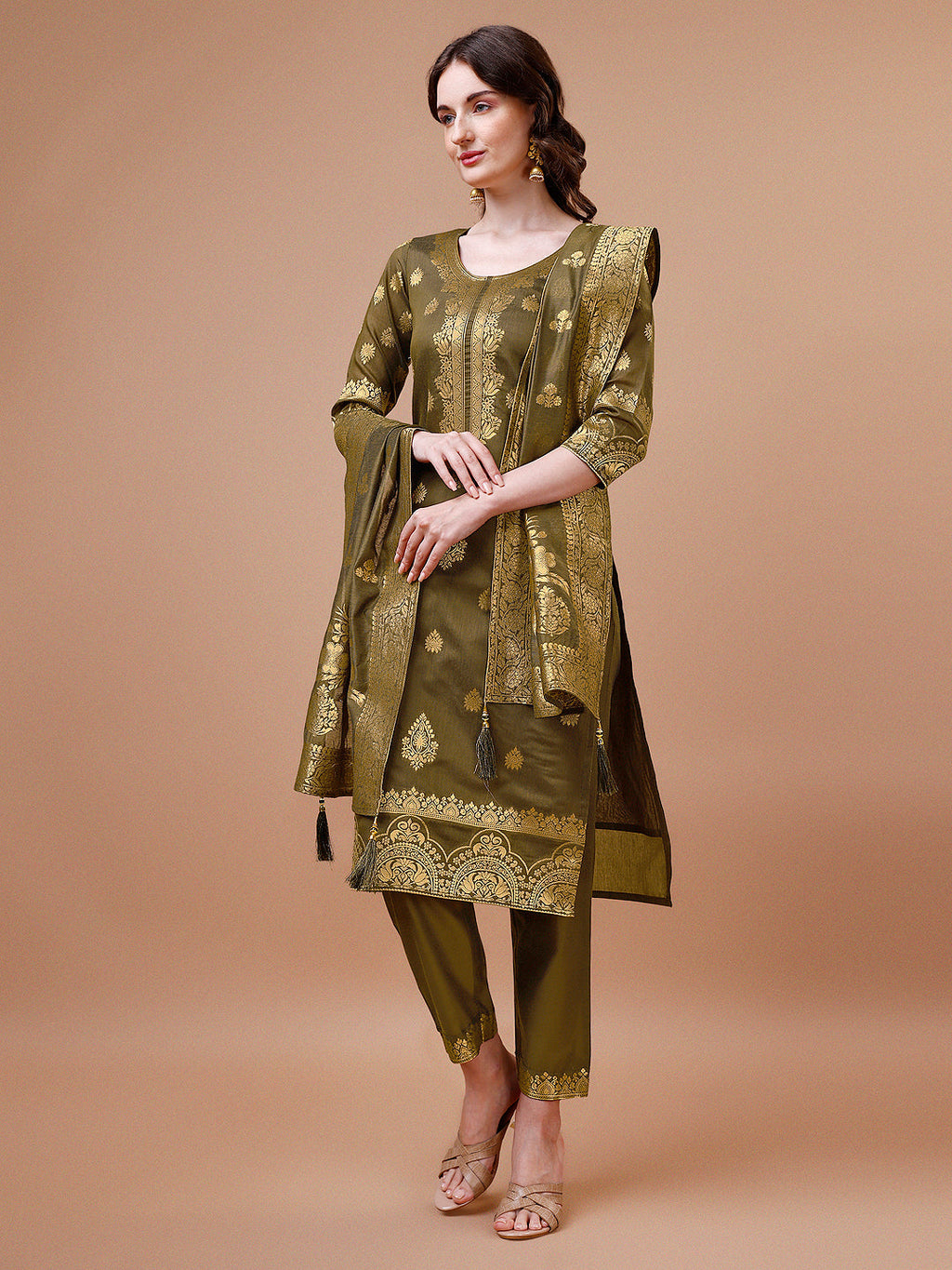 Pure Banarasi Chanderi Jacquard Kurta With Pant & Dupatta Set, Multicolor - Hiral Fashion | Grocsy