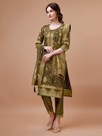 Pure Banarasi Chanderi Jacquard Kurta With Pant & Dupatta Set, Multicolor - Hiral Fashion | Grocsy