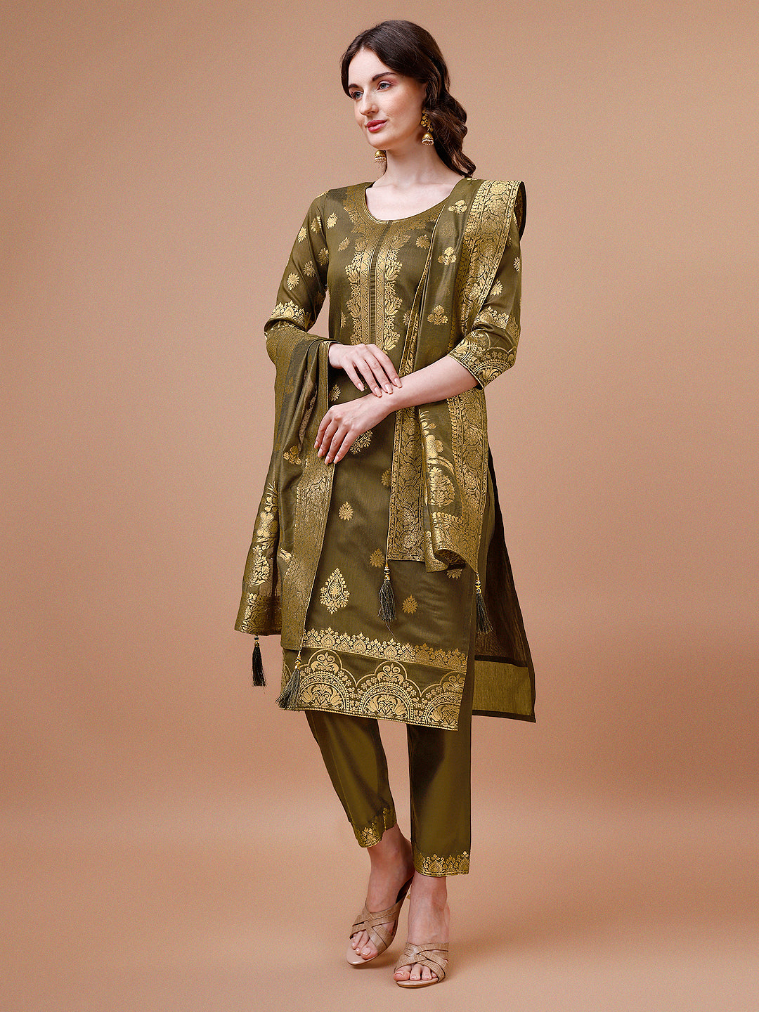 Pure Banarasi Chanderi Jacquard Kurta With Pant & Dupatta Set, Multicolor - Hiral Fashion | Grocsy