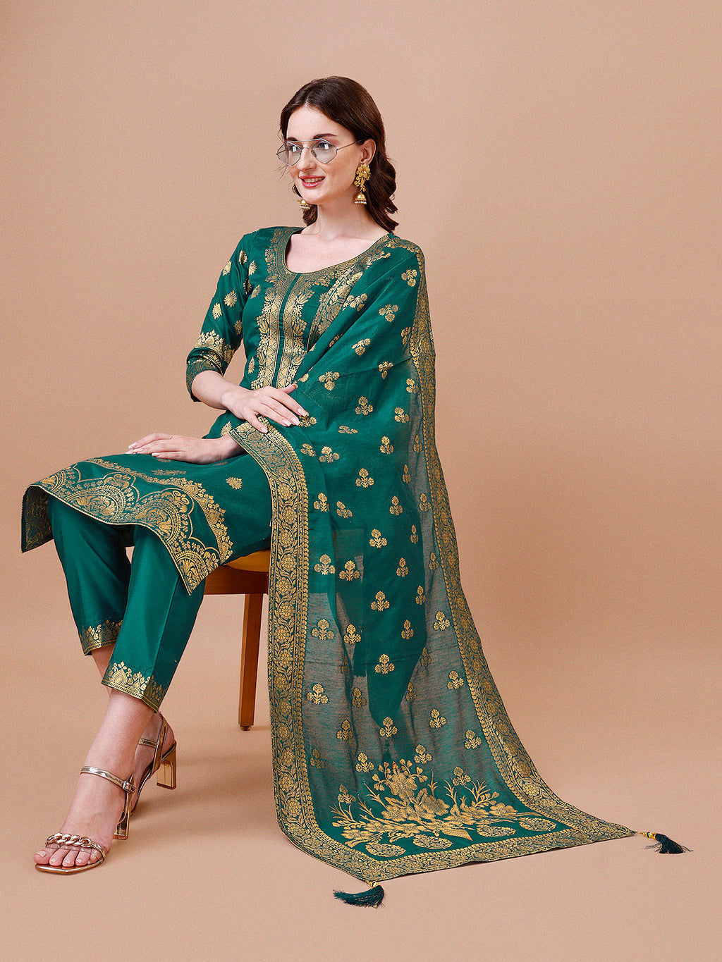 Pure Banarasi Chanderi Jacquard Kurta With Pant & Dupatta Set, Multicolor - Hiral Fashion | Grocsy