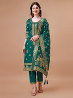 Pure Banarasi Chanderi Jacquard Kurta With Pant & Dupatta Set, Multicolor - Hiral Fashion | Grocsy