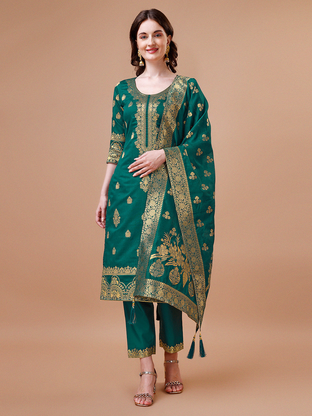 Pure Banarasi Chanderi Jacquard Kurta With Pant & Dupatta Set, Multicolor - Hiral Fashion | Grocsy
