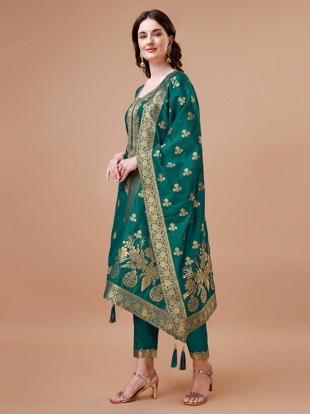 Pure Banarasi Chanderi Jacquard Kurta With Pant & Dupatta Set, Multicolor - Hiral Fashion | Grocsy