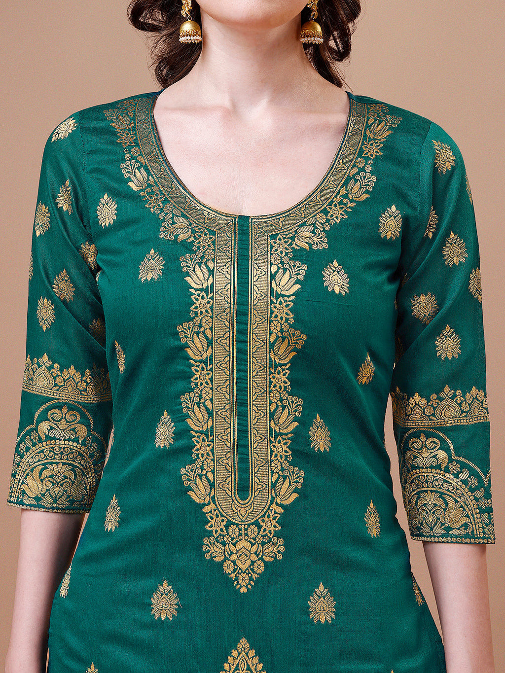 Pure Banarasi Chanderi Jacquard Kurta With Pant & Dupatta Set, Multicolor - Hiral Fashion | Grocsy