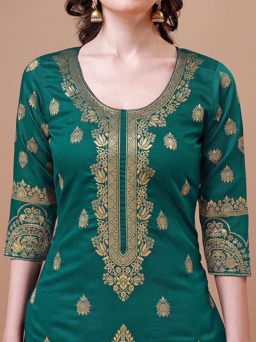 Pure Banarasi Chanderi Jacquard Kurta With Pant & Dupatta Set, Multicolor - Hiral Fashion | Grocsy